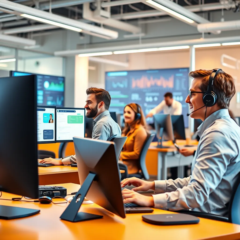 A contemporary contact center with a team of customer service representatives interacting with clients using various channels. The image should focus on a group of agents working in a brightly lit, open-plan workspace with sleek, ergonomic workstations. Each agent has a high-definition monitor displaying customer information and a headset for clear communication.  The agents are engaged in friendly conversations with customers, using a variety of tools to resolve inquiries and provide exceptional support. One agent is using a live chat interface, while another is handling a phone call.  In the background, a supervisor is monitoring real-time performance data on a large, interactive screen. The image should convey a sense of professionalism, efficiency, and customer satisfaction.  Use a vibrant color palette, with warm tones to create a welcoming and positive environment. Capture the image in hyperrealistic detail, focusing on the realistic textures of the furniture, technology, and people.