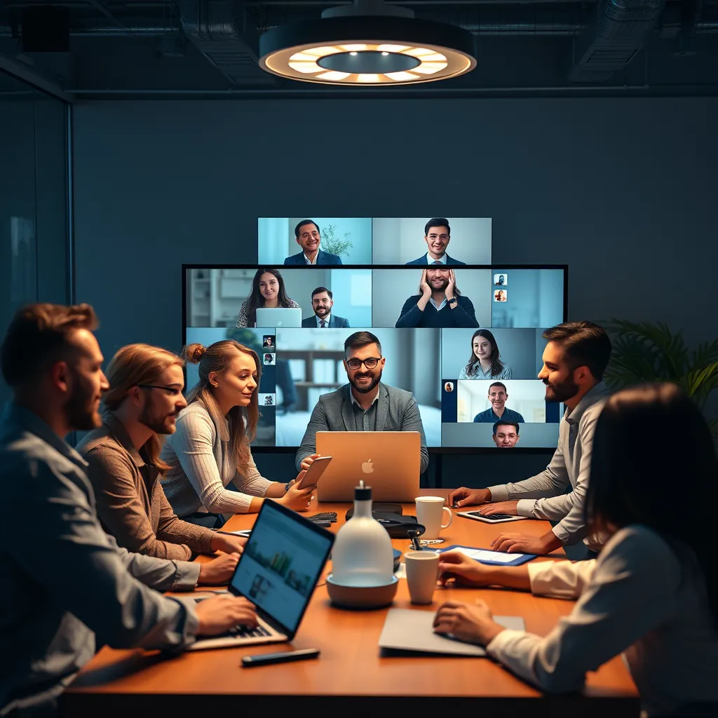 A diverse group of professionals working remotely from various locations, seamlessly connected through a UCaaS platform. Highlight the visual aspects of video conferencing, instant messaging, and file sharing tools.