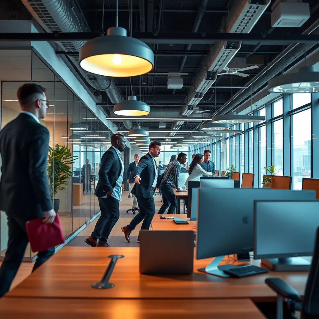 A dynamic scene depicting a business expanding rapidly. Show a growing team, expanding office spaces, and a seamless transition of UCaaS services to accommodate the increased communication demands.