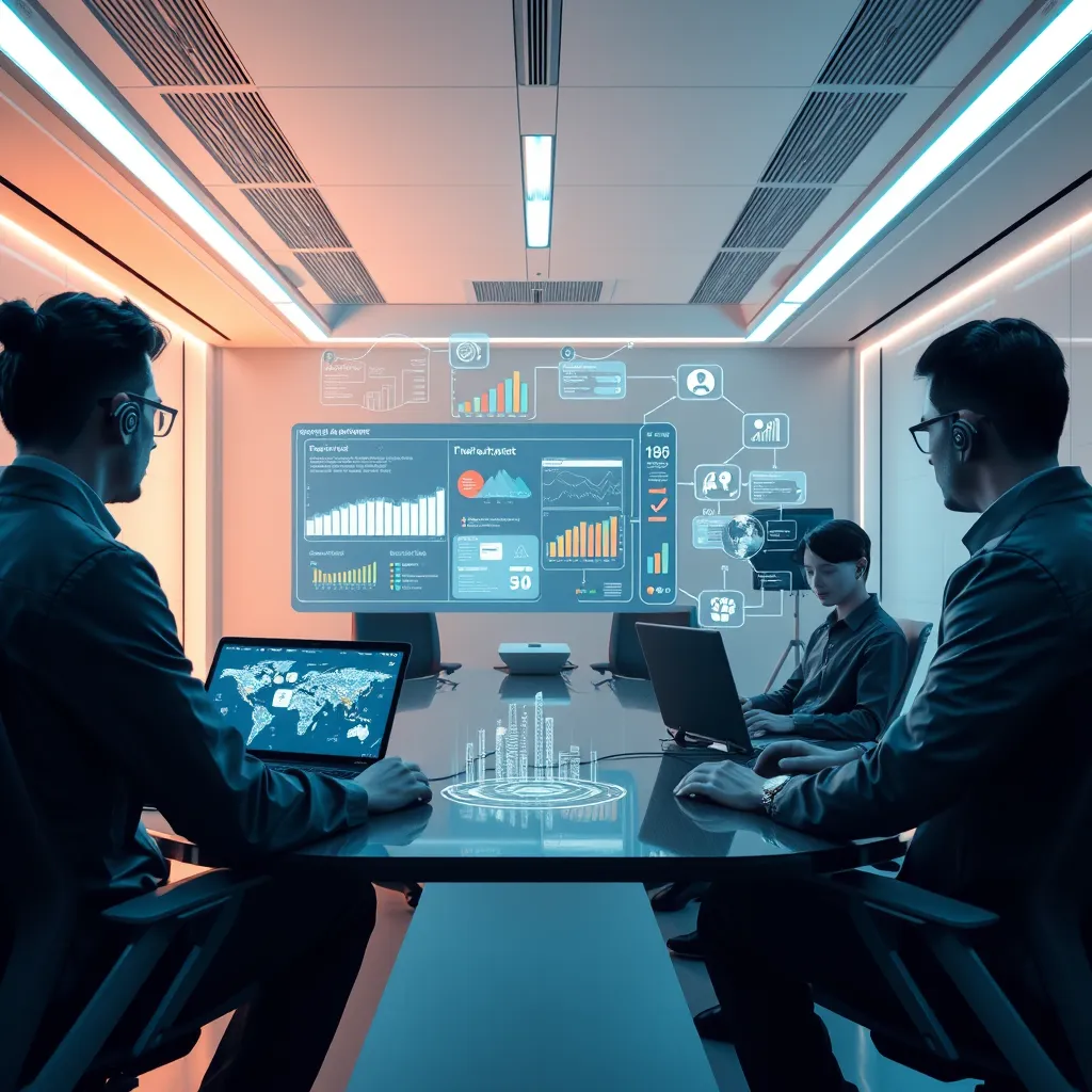 A futuristic, minimalist office with a team using a UCaaS platform. The interface displays real-time data and automated workflows, while a holographic projection shows project progress and communication flow. The image should convey efficiency, automation, and the ability to leverage data for informed decision-making.