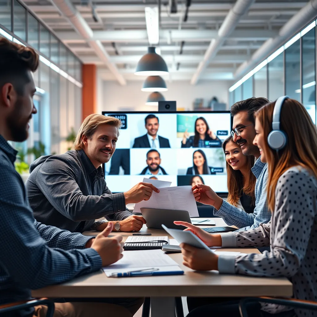  A group of coworkers collaborating on a project in a vibrant office space. They are using a UCaaS platform for real-time video conferencing, sharing documents, and discussing ideas. The image should depict a sense of focused teamwork and productive communication.