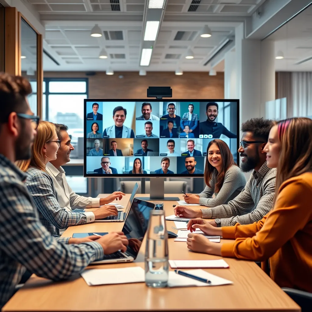 A modern office environment with diverse team members collaborating using a UCaaS platform. Show video conferencing, instant messaging, and voice calls happening simultaneously.  Emphasis on team synergy and efficiency.