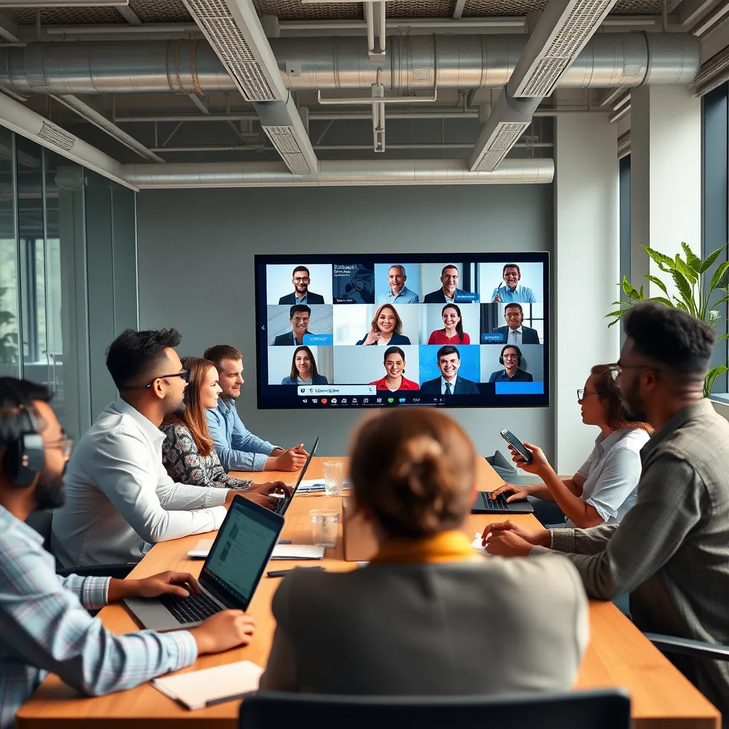 A modern office setting with a diverse team of professionals collaborating on a project. They are using a UCaaS platform on their laptops, smartphones, and a large screen, seamlessly switching between video conferencing, instant messaging, and file sharing. The atmosphere is bright, open, and collaborative, with a focus on teamwork and efficiency.