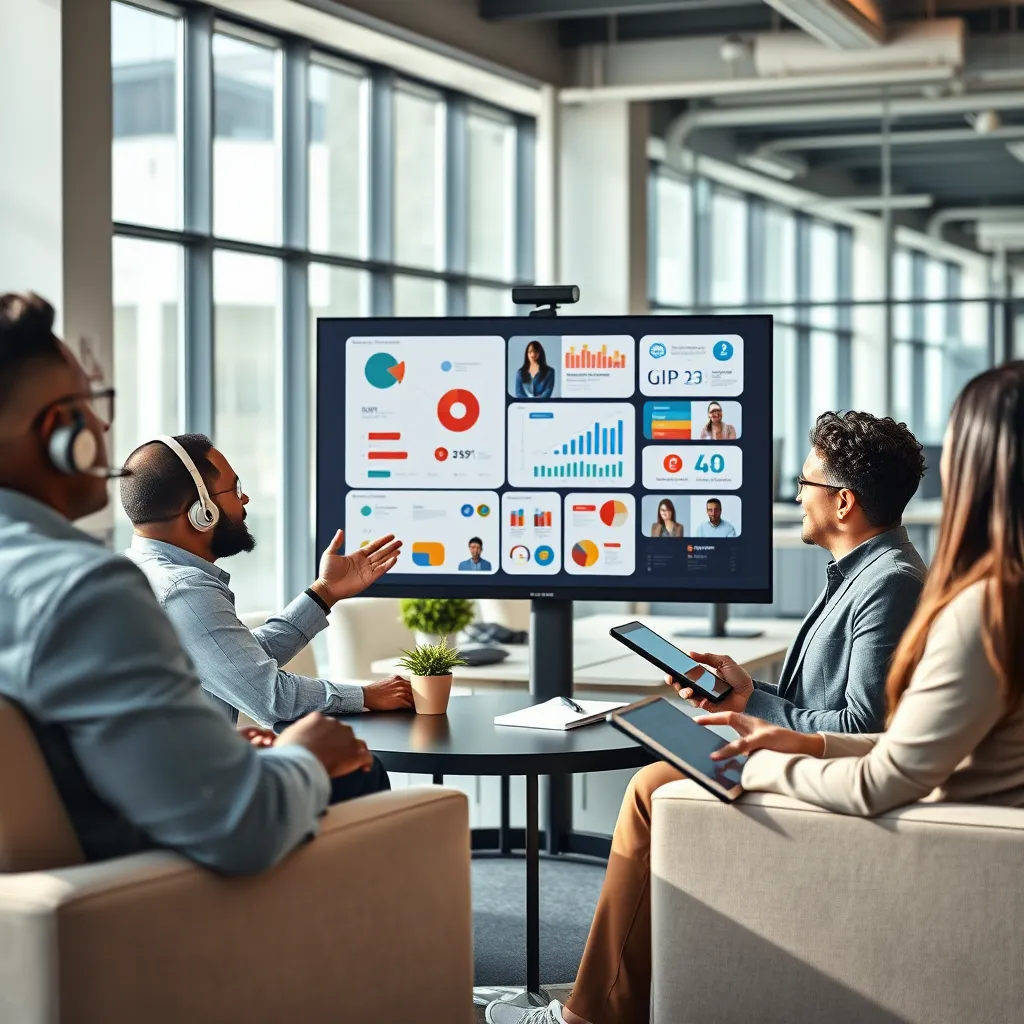 A modern office setting with a diverse group of professionals collaborating using various UCaaS features. The image should be a wide shot, with natural light streaming through large windows, creating a bright and airy atmosphere. The room is furnished with sleek, minimalist furniture in muted tones of grey and beige. The team is engaged in a video conference call, using a high-definition monitor and a sleek, minimalist headset. One person is sharing their screen, showcasing a presentation with vibrant infographics and charts. Another person is gesturing animatedly while discussing a topic, and a third person is taking notes on a digital tablet. The background should be a blur of office activity, creating a sense of dynamism and energy. The overall style should be modern, professional, and inspiring. Capture the image in ultra-high resolution, with sharp details and realistic textures.  Create a sense of depth and realism by including subtle reflections and shadows.