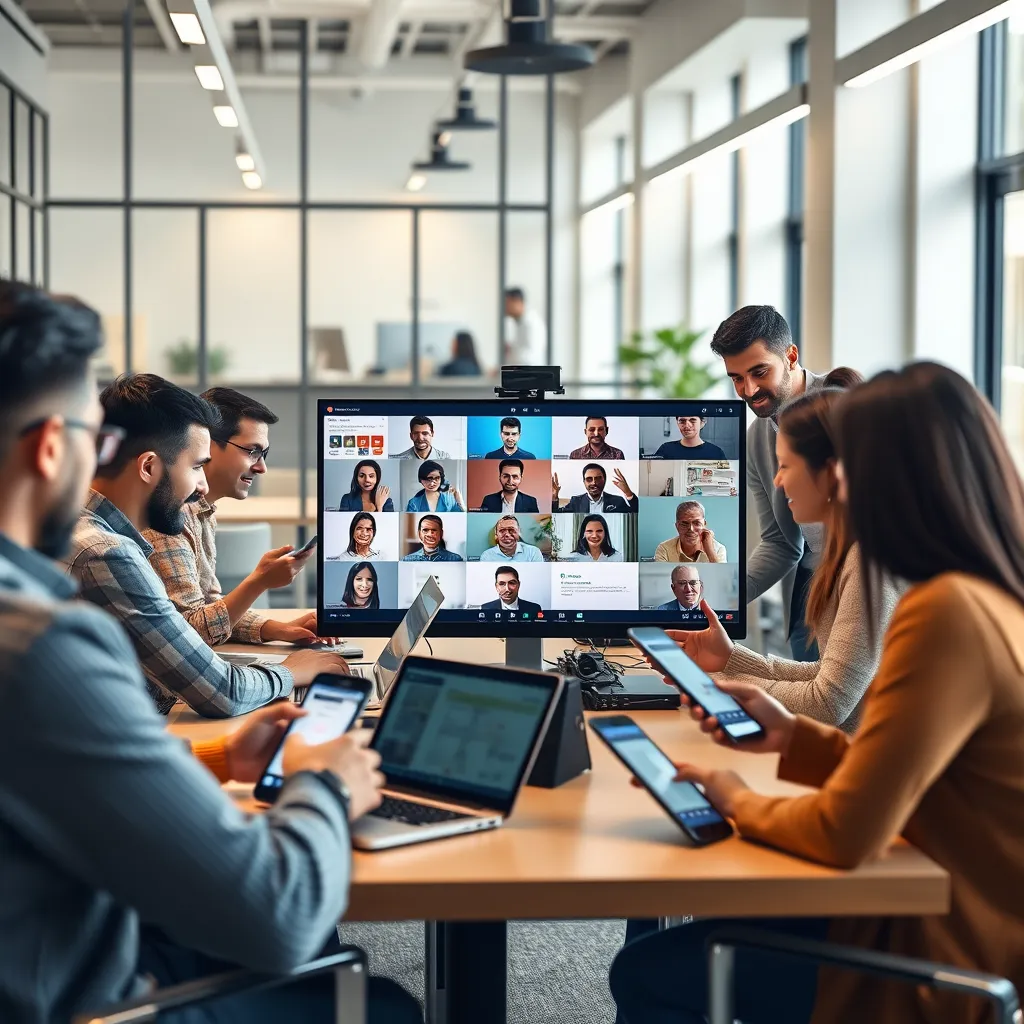  A modern office setting with diverse team members using a sleek UCaaS platform on their laptops, smartphones, and tablets. The platform's interface displays various communication channels like video conferencing, instant messaging, and voice calls, all seamlessly integrated.