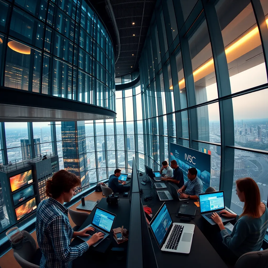  A panoramic view of a modern, high-rise office building, with the interior showcasing a dynamic and diverse workforce using UCaaS on laptops and mobile devices. The image should exude a sense of agility, scalability, and efficiency, highlighting the cost-effectiveness and flexibility of UCaaS.