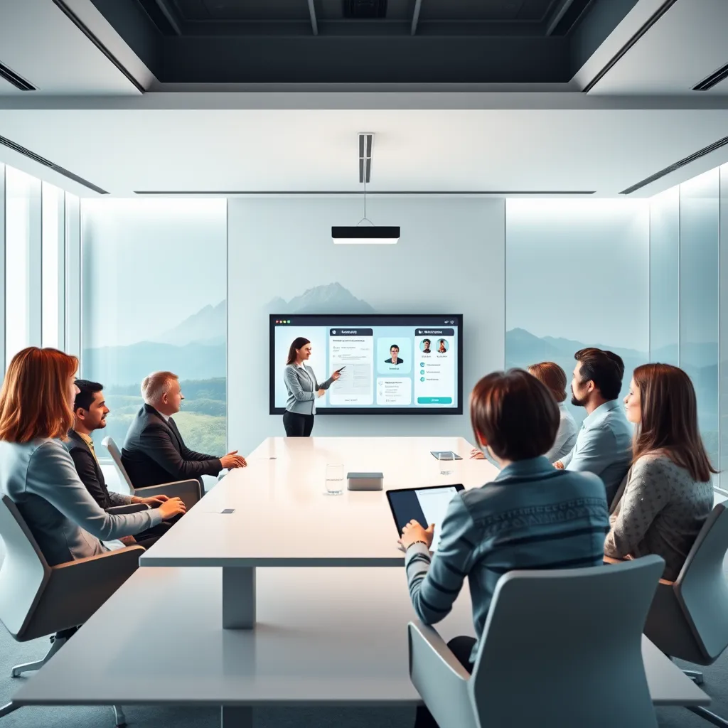 A professional virtual meeting taking place in a spacious, virtual conference room. The image should feature several participants, each with a unique and diverse background. The participants appear as high-definition avatars with realistic facial expressions and body language, conveying a sense of engagement and interaction. The virtual environment is designed with a modern, minimalist aesthetic, featuring a sleek, interactive whiteboard, a virtual backdrop with a scenic landscape, and a customizable interface. The participants are interacting with the virtual whiteboard, sharing presentations, and engaging in lively discussions. The image should capture the dynamism and interactivity of virtual meetings.  Use a bright and airy color palette with soft lighting to create a welcoming and inviting atmosphere. Focus on the details of the virtual environment, the avatars, and the interactive elements, capturing the image in ultra-high resolution.