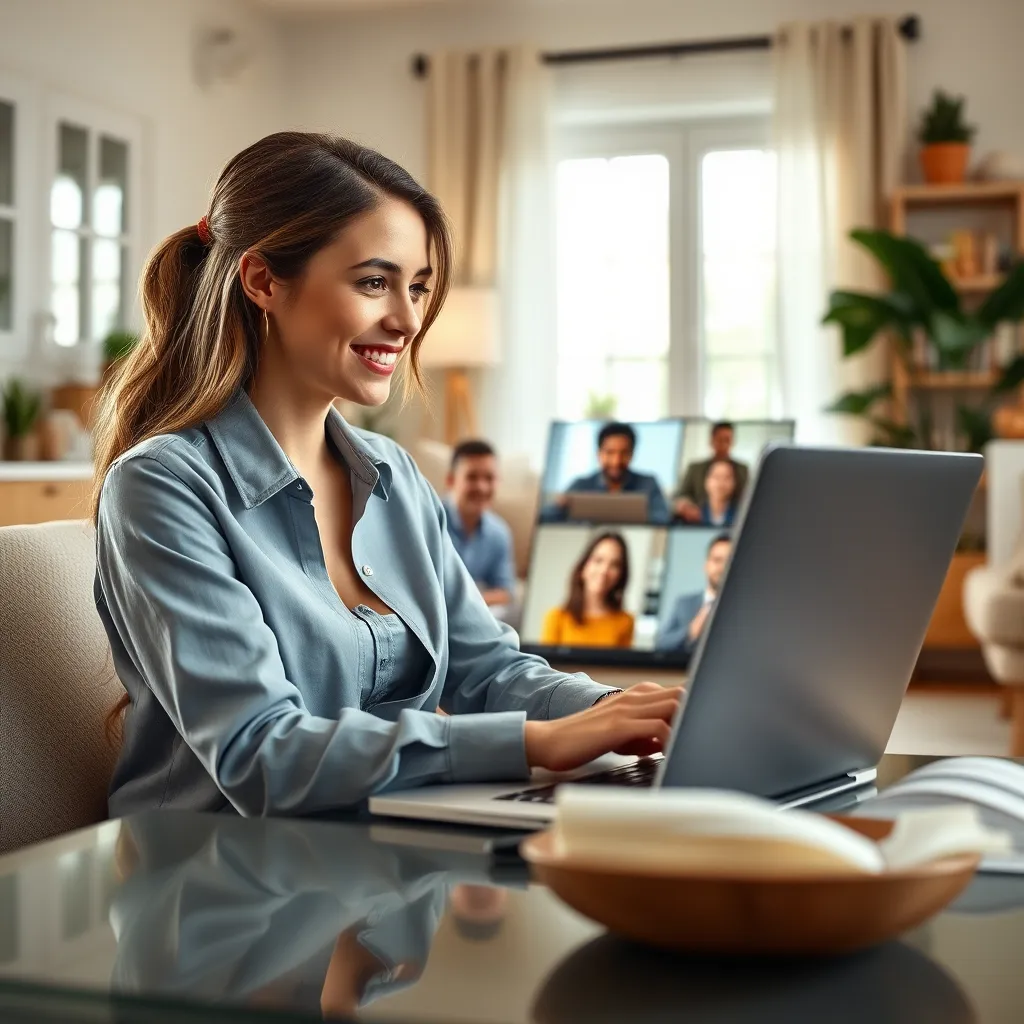 A professional woman working remotely from a cozy home office, using a UCaaS platform on her laptop. She is engaged in a video conference call with colleagues in different locations, with a bright and comfortable background. The image should convey a sense of ease, flexibility, and seamless connection.